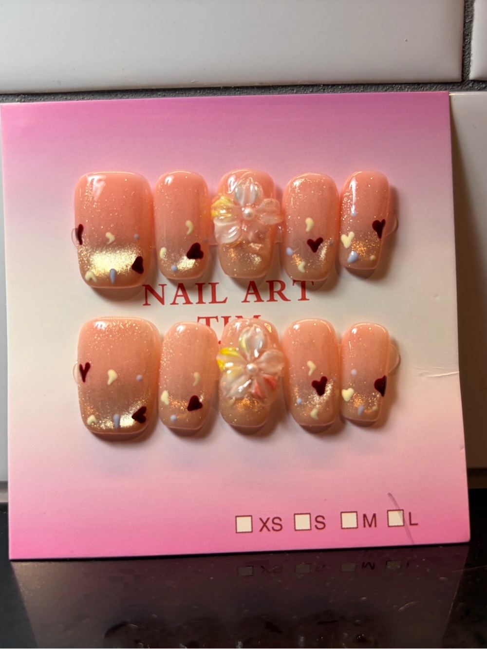 Oval square press ons- pink floral hearts